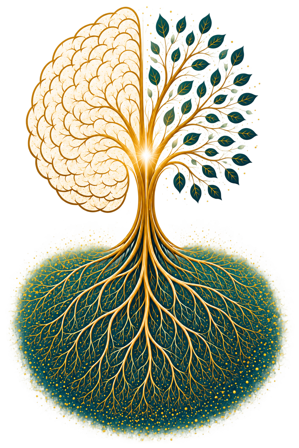 Illustration d'un arbre en forme de cerveau, aux racines dorées, symbole du lien entre le conscient et l'inconscient dans l'accompagnement en psychanalyse, hypnothérapie et EMDR proposé par Elodie Nédellec à Brest.